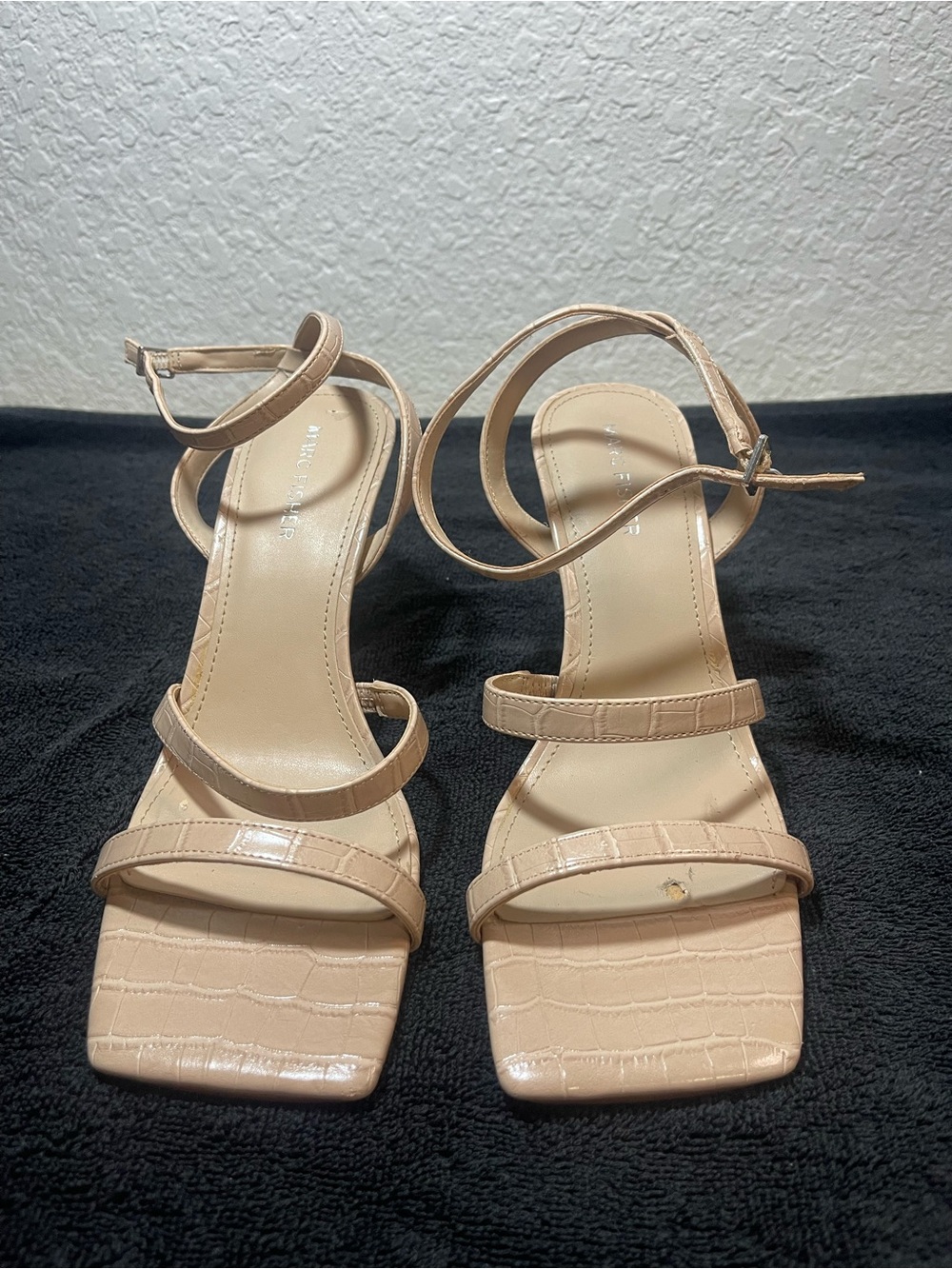 Marc Fisher Nude Croc-Embossed Strappy Square-Toe Heels